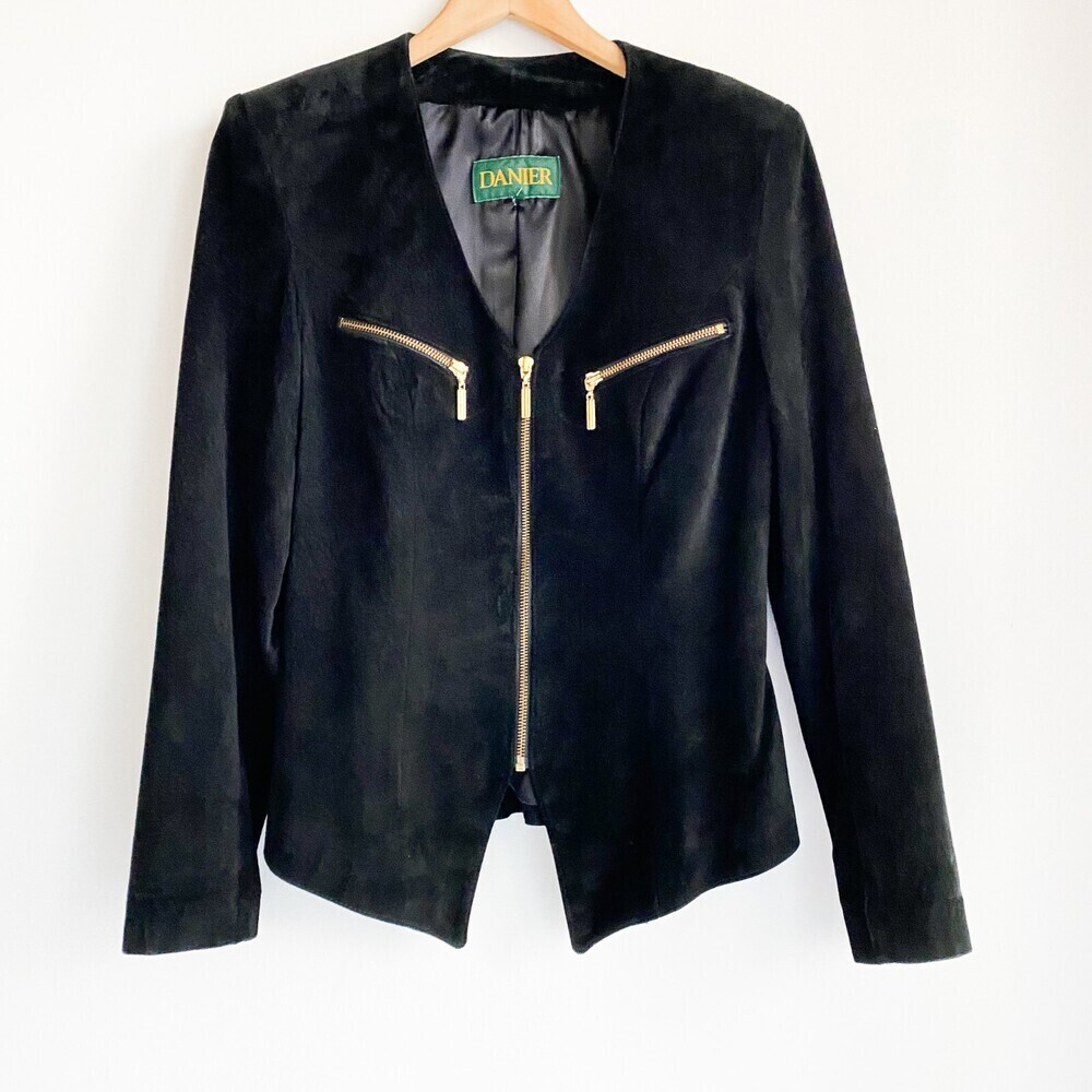 Vintage Danier Leather Black Suede Zipper Detail Fitted Sexy JAcket S